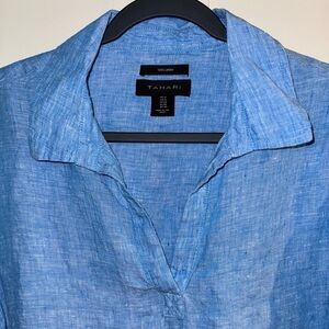 Tahari 100% Linen Shirt Women’s 1X Blue 3/4 Sleeve Blouse V-Neck Collar India